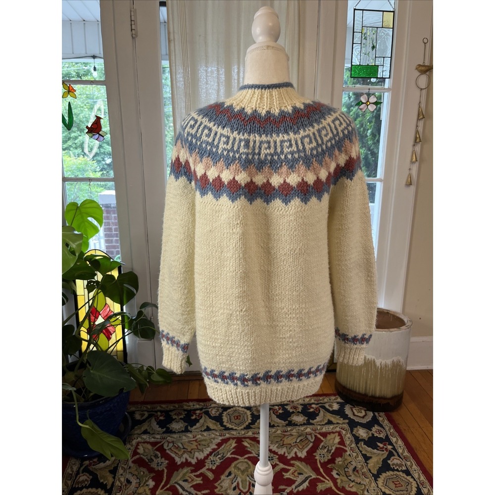 Women's M Ivory Hand Knit Fair Isle Scandinavian Cardigan Sweater Acrylic Wool - Picture 14 of 14